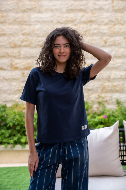 Women summer pajama set Dark Blue T-shirt + Dark Blue X Dark Green Striped Pants
